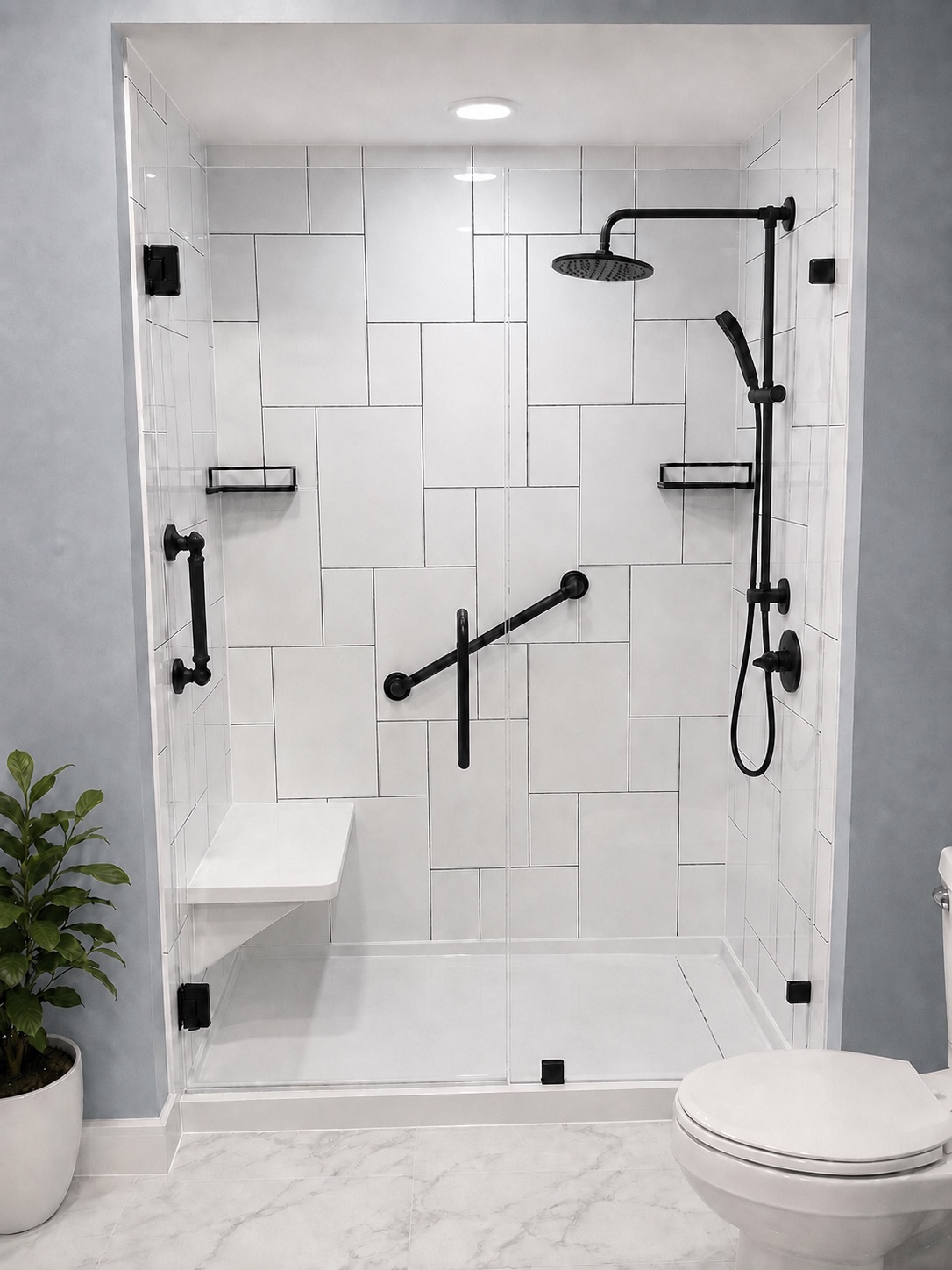 White replacement shower with black fixtures and a glass enclosure