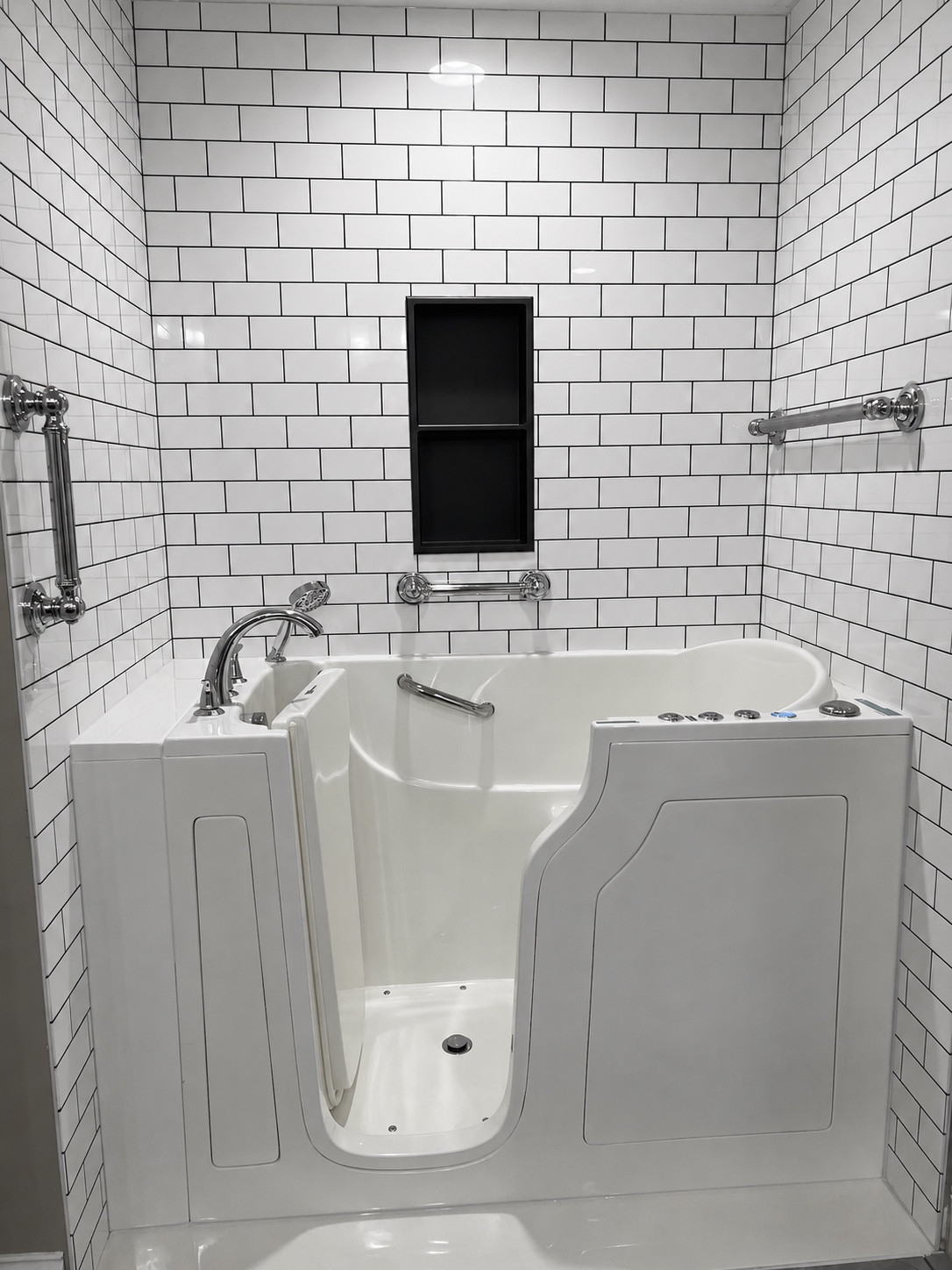 White walk-in tub with accessible entry and chrome fixtures