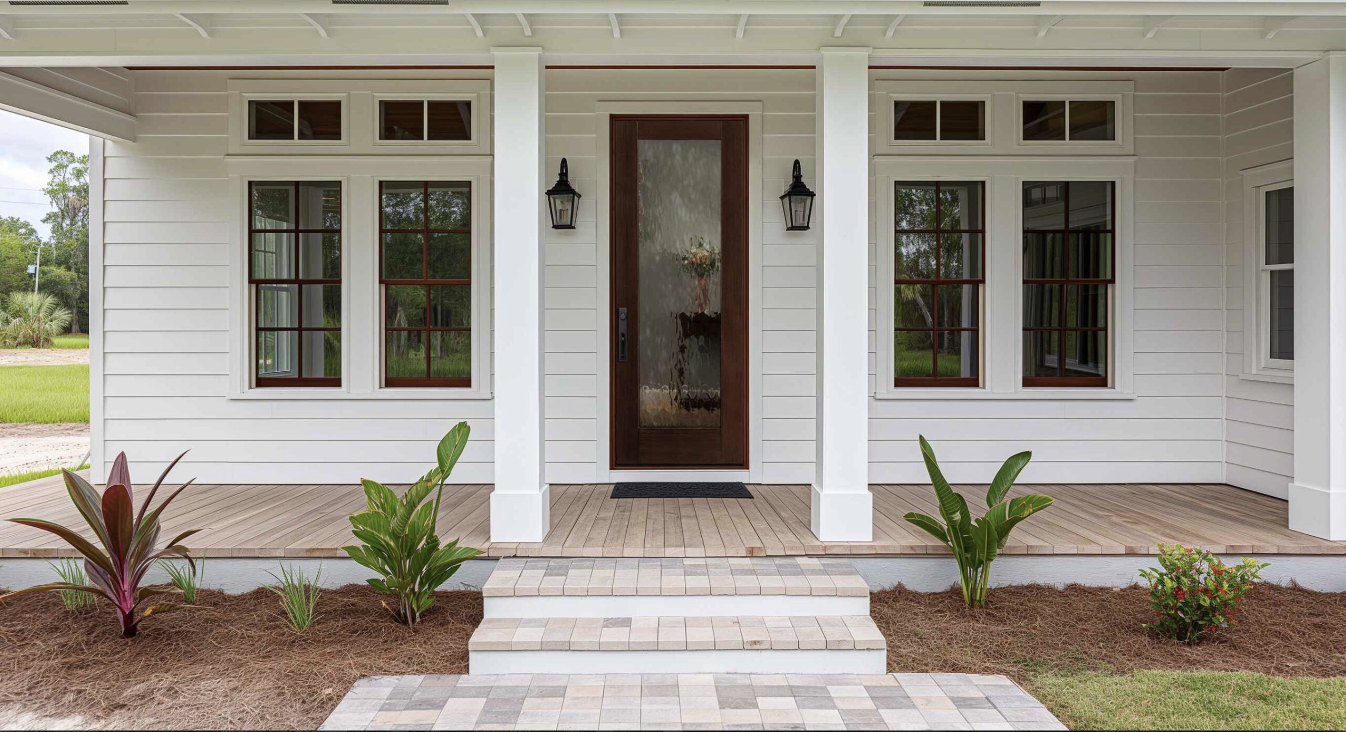 Wood entry door coordinated with surrounding windows