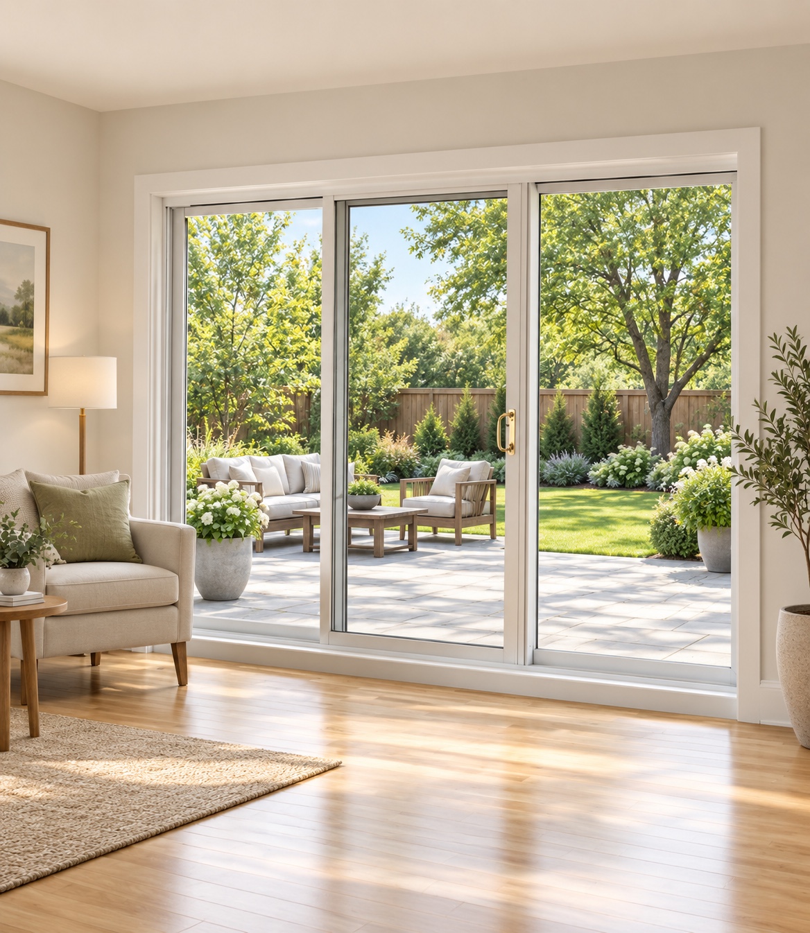 White sliding patio door overlooking a landscaped backyard