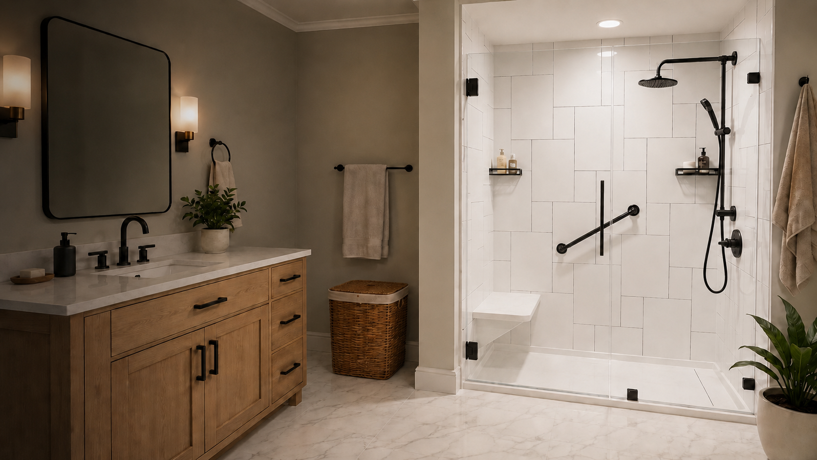 Modern bathroom with a light-oak vanity and white walk-in shower with matte-black fixtures