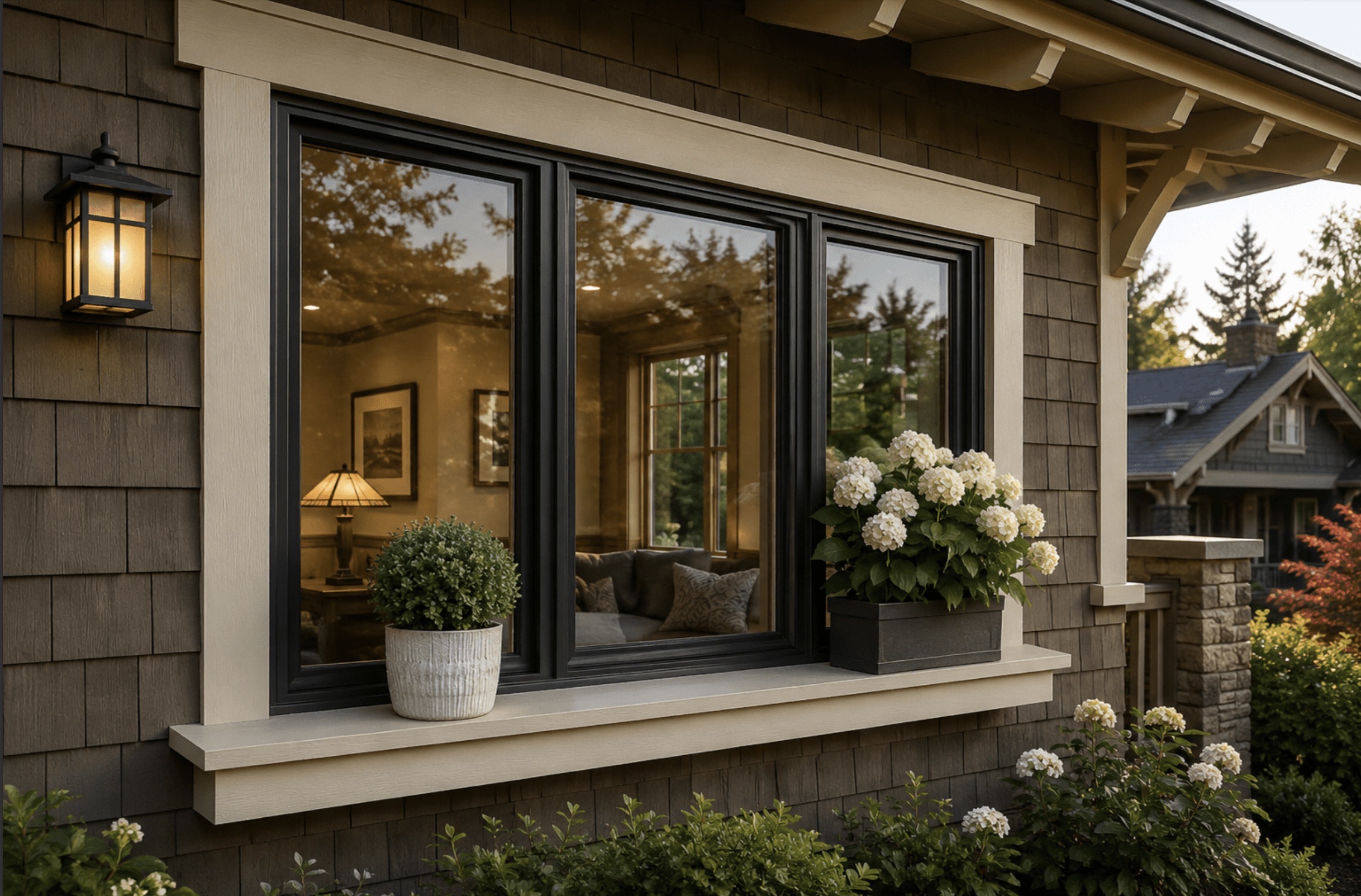 Black-framed windows on a craftsman-style home