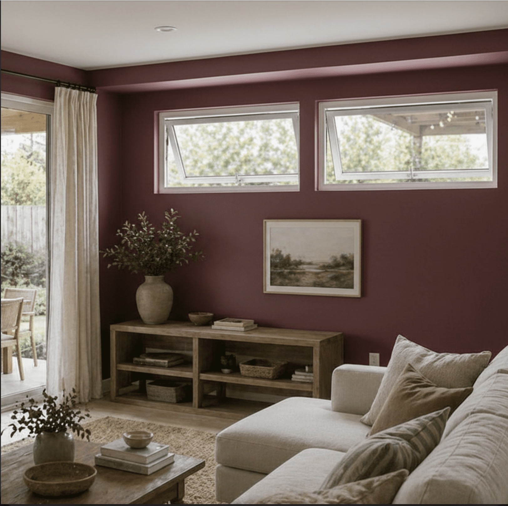 Two open awning windows in a living room