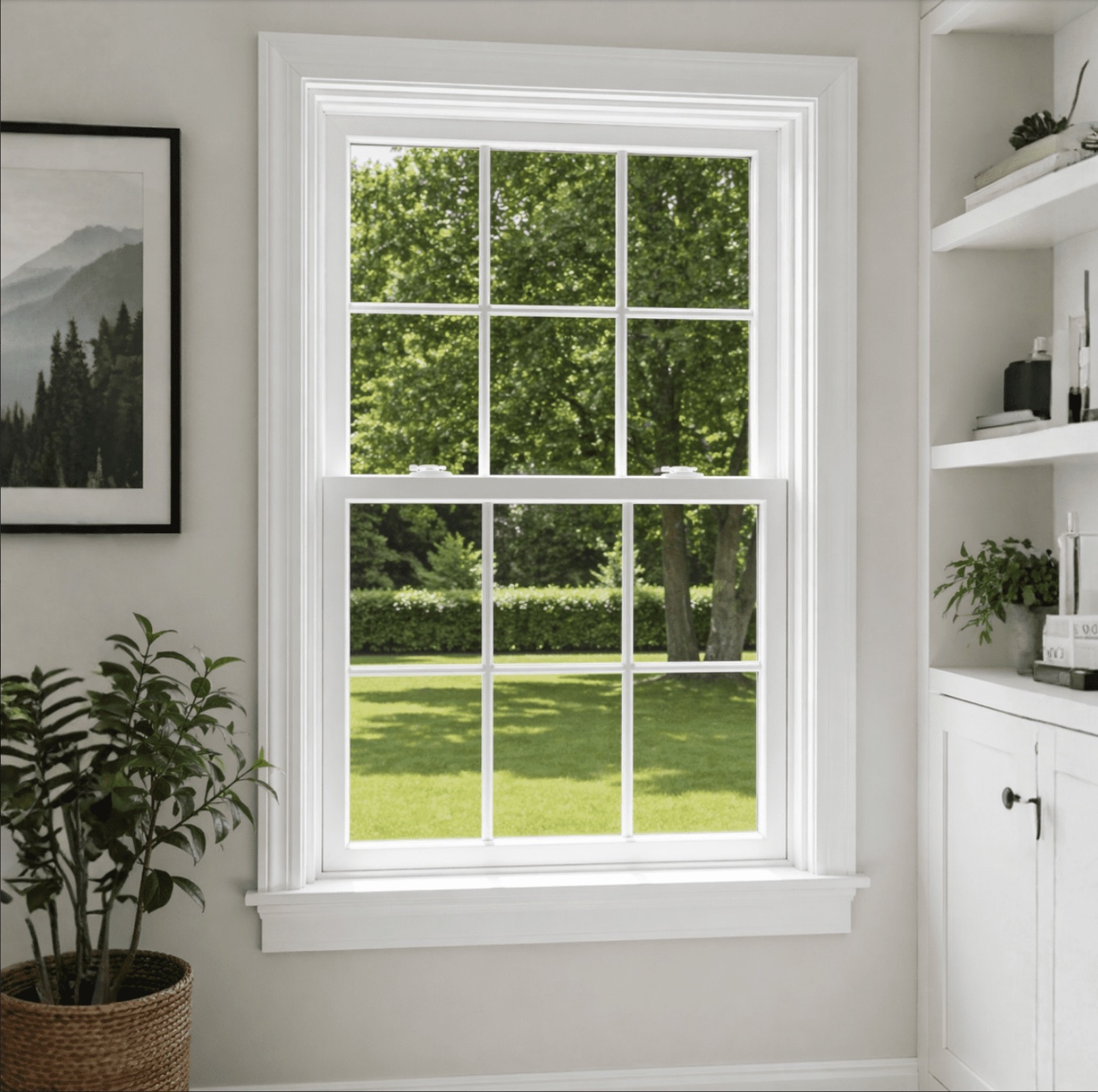 White double-hung window in a bright interior